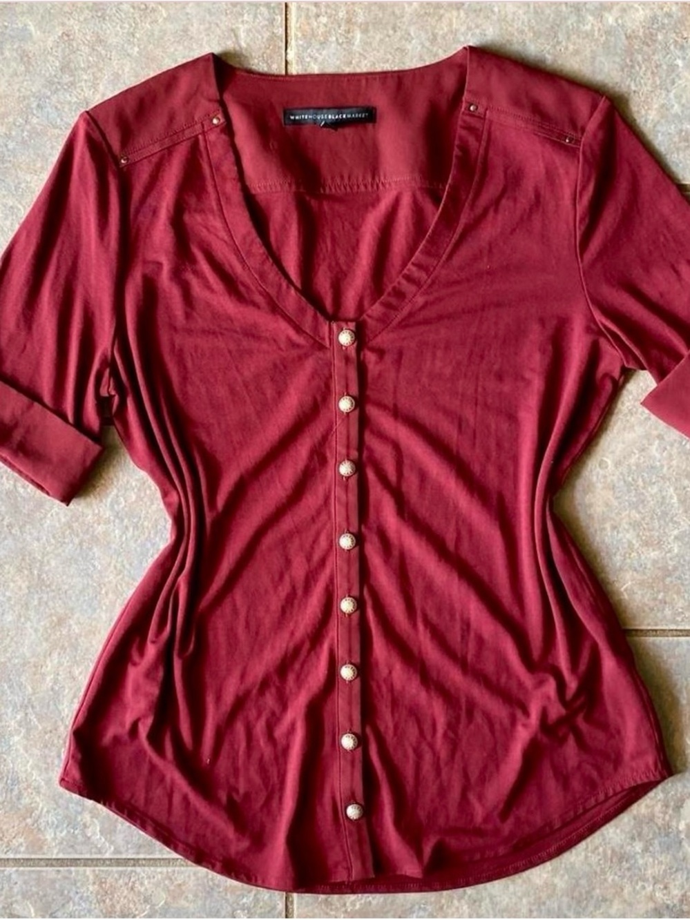 White House Black Market Women's Button-Front V-Neck Top in Burgundy